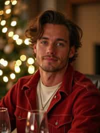 man at Christmas dinner wearing Christmas style clothes. Christmas tree in background. Christmas lights