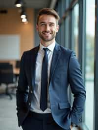 wide LinkedIn profile photo of a professional business man as a confident professional business man standing in a modern office. LinkedIn professional profile photo. most popular person on LinkedIn