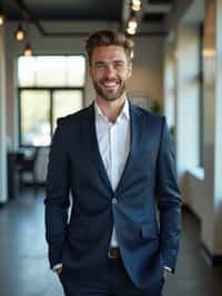 wide LinkedIn profile photo of a professional business man as a confident professional business man standing in a modern office. LinkedIn professional profile photo. most popular person on LinkedIn