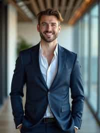 wide LinkedIn profile photo of a professional business man as a confident professional business man standing in a modern office. LinkedIn professional profile photo. most popular person on LinkedIn