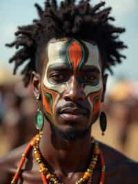 a man with  a tribal face paint design, adding an element of tribal and cultural inspiration to their festival look