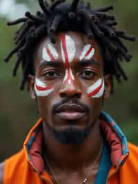 a man with  a tribal face paint design, adding an element of tribal and cultural inspiration to their festival look