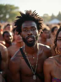 a stunning man surrounded by  a crowd of fellow festival-goers, capturing the sense of community and celebration at the festival