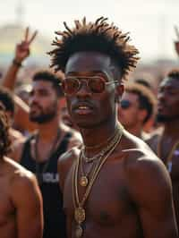 a stunning man surrounded by  a crowd of fellow festival-goers, capturing the sense of community and celebration at the festival