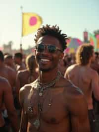 a stunning man surrounded by  a crowd of fellow festival-goers, capturing the sense of community and celebration at the festival