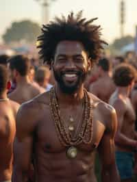 a stunning man surrounded by  a crowd of fellow festival-goers, capturing the sense of community and celebration at the festival