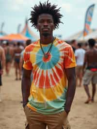 a man in  a tie-dye t-shirt and cargo shorts, embodying the DIY and personalization culture of music festivals