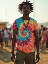 a man in  a tie-dye t-shirt and cargo shorts, embodying the DIY and personalization culture of music festivals