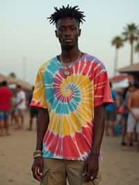 a man in  a tie-dye t-shirt and cargo shorts, embodying the DIY and personalization culture of music festivals