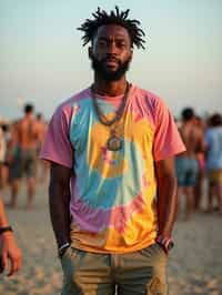 a man in  a tie-dye t-shirt and cargo shorts, embodying the DIY and personalization culture of music festivals