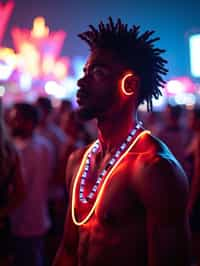 a man with  glowing LED accessories, standing out in the crowd and embracing the festival's vibrant atmosphere