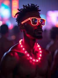 a man with  glowing LED accessories, standing out in the crowd and embracing the festival's vibrant atmosphere