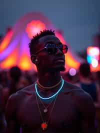 a man with  glowing LED accessories, standing out in the crowd and embracing the festival's vibrant atmosphere