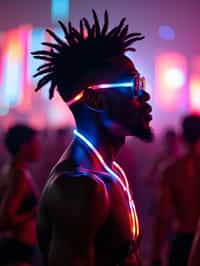 a man with  glowing LED accessories, standing out in the crowd and embracing the festival's vibrant atmosphere