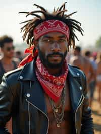 a stunning man in  a leather jacket and bandana, embodying the fusion of bohemian and rock n roll styles at the festival