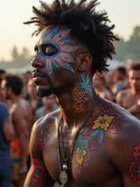 a man with  bold face and body art, capturing the artistic and expressive side of the music festival experience