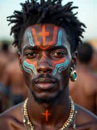 a man with  bold face and body art, capturing the artistic and expressive side of the music festival experience