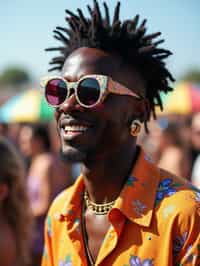 a stunning man in  a vibrant button-up shirt and funky sunglasses, capturing their eclectic and fashionable festival look