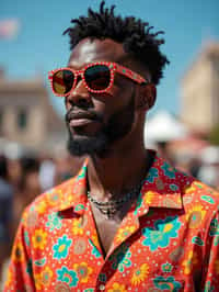 a stunning man in  a vibrant button-up shirt and funky sunglasses, capturing their eclectic and fashionable festival look