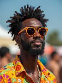 a stunning man in  a vibrant button-up shirt and funky sunglasses, capturing their eclectic and fashionable festival look