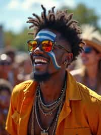 a man enjoying a live performance on a sunny day, with  a bold face paint design, radiating the joy and excitement of the festival