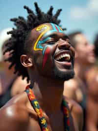 a man enjoying a live performance on a sunny day, with  a bold face paint design, radiating the joy and excitement of the festival