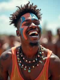 a man enjoying a live performance on a sunny day, with  a bold face paint design, radiating the joy and excitement of the festival