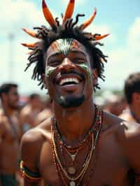 a man enjoying a live performance on a sunny day, with  a bold face paint design, radiating the joy and excitement of the festival