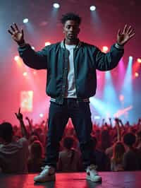 a man in  a cool bomber jacket and sneakers, striking a pose in front of a stage backdrop, capturing the excitement of a music festival