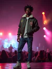 a man in  a cool bomber jacket and sneakers, striking a pose in front of a stage backdrop, capturing the excitement of a music festival