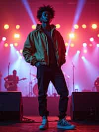 a man in  a cool bomber jacket and sneakers, striking a pose in front of a stage backdrop, capturing the excitement of a music festival