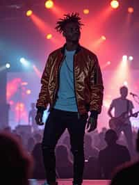 a man in  a cool bomber jacket and sneakers, striking a pose in front of a stage backdrop, capturing the excitement of a music festival