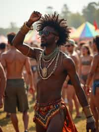 a man in a festival-inspired outfit, dancing with  a crowd of fellow festival-goers, capturing the energetic and lively atmosphere