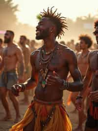 a man in a festival-inspired outfit, dancing with  a crowd of fellow festival-goers, capturing the energetic and lively atmosphere