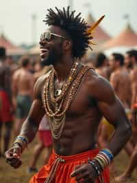 a man in a festival-inspired outfit, dancing with  a crowd of fellow festival-goers, capturing the energetic and lively atmosphere