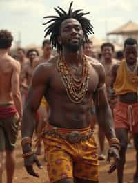 a man in a festival-inspired outfit, dancing with  a crowd of fellow festival-goers, capturing the energetic and lively atmosphere