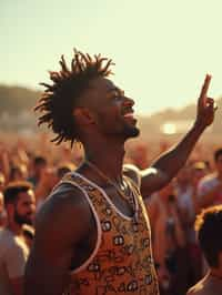 a man enjoying the live music on a sunny day, surrounded by  energetic fans and raising their hands in excitement