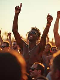 a man enjoying the live music on a sunny day, surrounded by  energetic fans and raising their hands in excitement