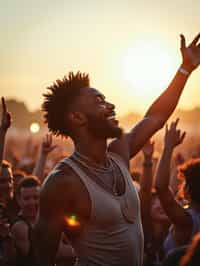 a man enjoying the live music on a sunny day, surrounded by  energetic fans and raising their hands in excitement