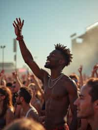 a man enjoying the live music on a sunny day, surrounded by  energetic fans and raising their hands in excitement