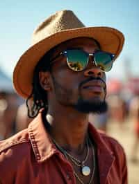 a stunning man with  a stylish hat and sunglasses, capturing the essence of festival fashion and individuality