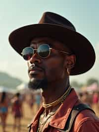 a stunning man with  a stylish hat and sunglasses, capturing the essence of festival fashion and individuality