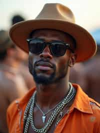 a stunning man with  a stylish hat and sunglasses, capturing the essence of festival fashion and individuality