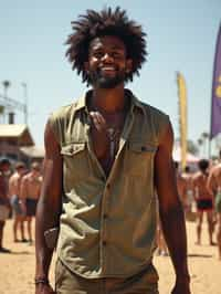 a man in  a sleeveless shirt and cargo pants, embodying the free-spirited and carefree nature of a music festival