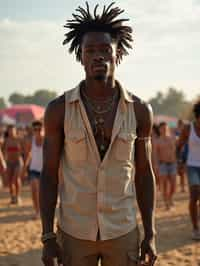 a man in  a sleeveless shirt and cargo pants, embodying the free-spirited and carefree nature of a music festival