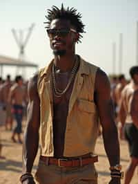 a man in  a sleeveless shirt and cargo pants, embodying the free-spirited and carefree nature of a music festival