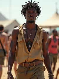 a man in  a sleeveless shirt and cargo pants, embodying the free-spirited and carefree nature of a music festival