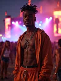 an incredibly attractive man in a festival outfit, embracing the festival vibes and posing against a backdrop of colorful stage lights and decorations