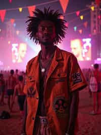 an incredibly attractive man in a festival outfit, embracing the festival vibes and posing against a backdrop of colorful stage lights and decorations