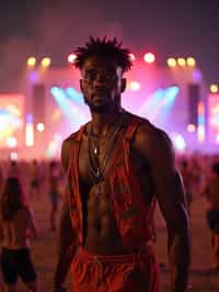 an incredibly attractive man in a festival outfit, embracing the festival vibes and posing against a backdrop of colorful stage lights and decorations